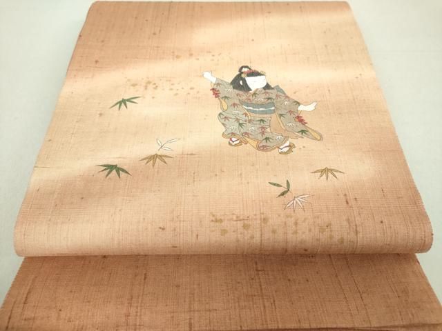 平和屋着物○友禅作家 藤井一乃和 太鼓柄袋帯 紬地 手描き 童子遊び  
