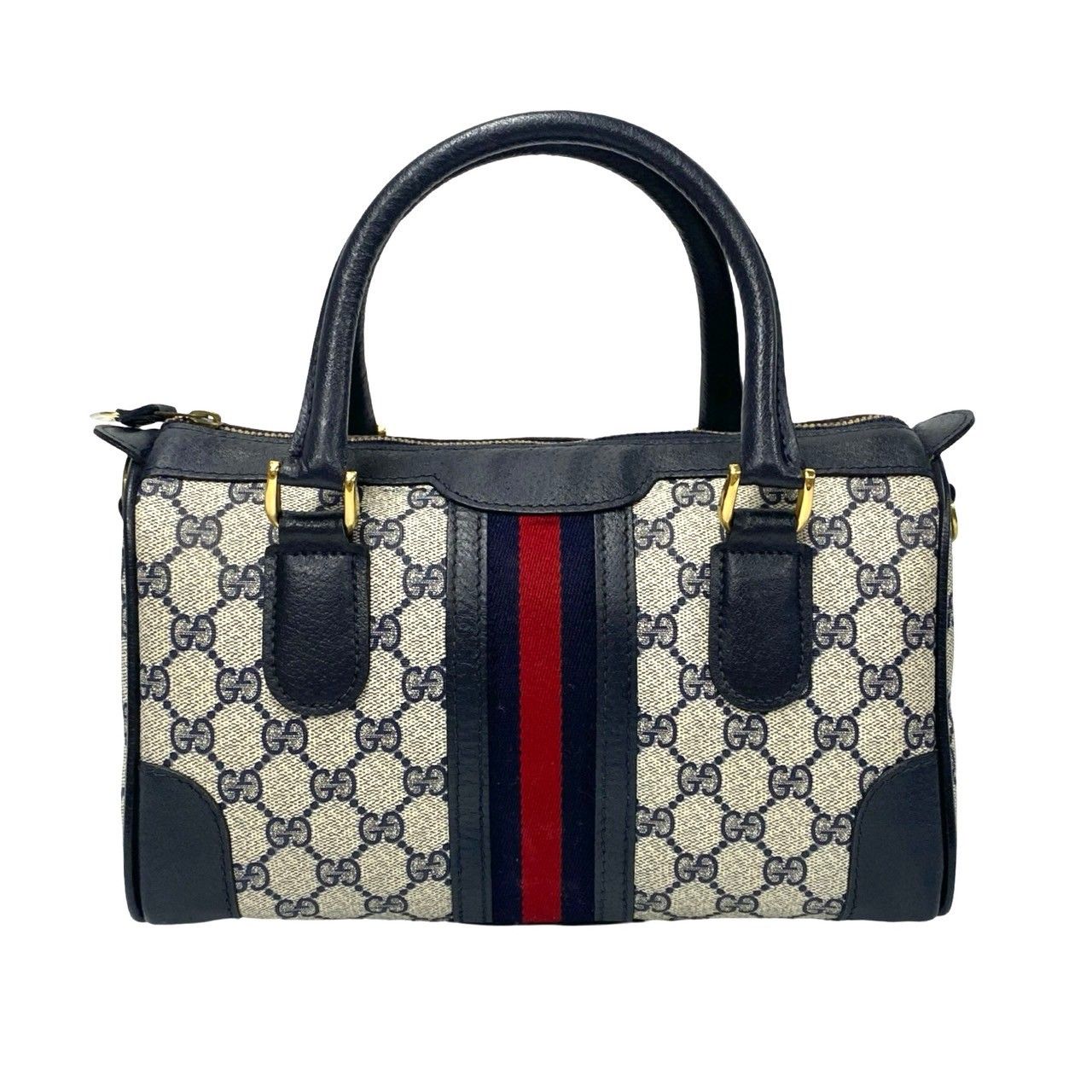 極 美品 GUCCI グッチ オールドグッチ ヴィンテージ シェリーライン GG 柄 レザー 本革 ミニ ボストンバッグ ハンドバッグ ネイビー  17389 - メルカリ