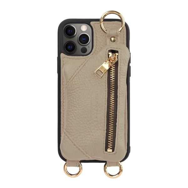 定番，100%新品 iPhone 12Pro ケース ショルダー ファスナー カバー カード 収納 ベージュ 12Pro iPhoneケース・カバー