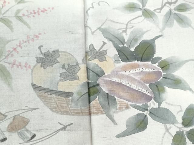 平和屋着物○訪問着 紬地 作家物 手描き 成り物 柿 蕪 きのこ