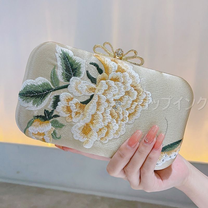 パーティーバッグ クラッチバッグ 結婚式 2way フォーマル セカンドバッグ キラキラ 光沢 二次会 和装バッグ シャンパンゴールド 和風刺繍 チャイナドレス ゴールド金具 ラインストーン おしゃれ 1208