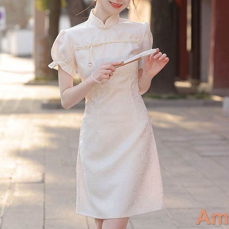 チャイナドレス ミニ チャイナドレス風 ワンピース コスプレ 衣装 チャイナ服 ホワイト パフスリーブ フ スカート パーティードレス 結婚式 0782 min