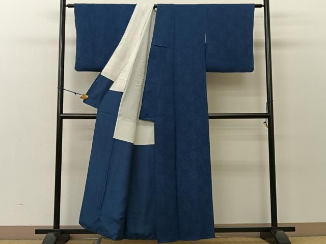 平和屋着物□上質な小紋 藍 型染め 古代菊 鬼しぼ縮緬 正絹 逸品