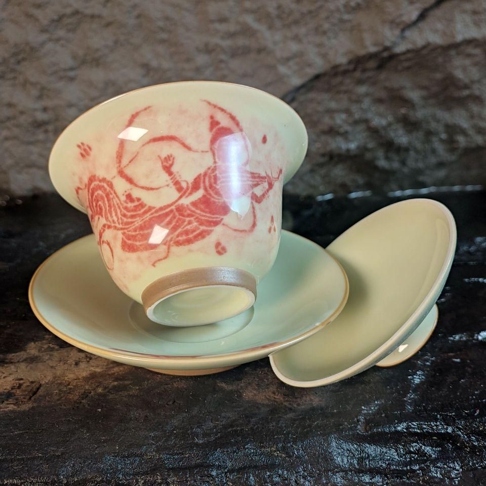 中国茶器 闘彩獅子三才蓋碗 茶器 茶道具 煎茶器 新品未使用 斗彩狮子品牌三才盖碗仿古釉下彩中式国风陶瓷泡茶碗高档复古高温