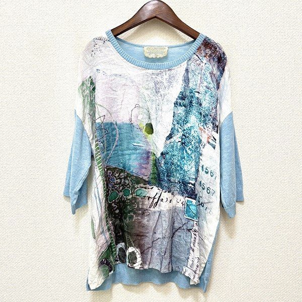 snc インポートロッサ import Rossa カットソー 42 水色系 白 緑 ニット 切替 異素材 五分袖 柄 麻 大きいサイズ レディース 968294