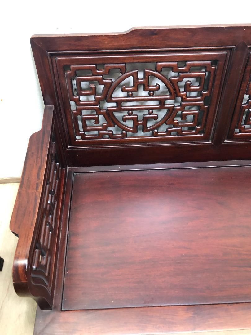 花梨の彫刻長椅子 肘掛け付き 3人掛け 豪華彫刻 人気 中国家具 75063-1