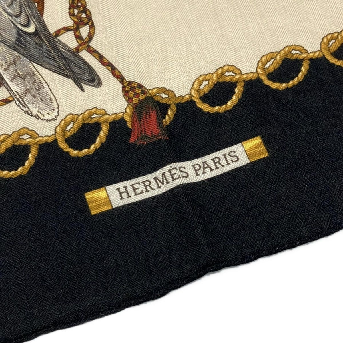 HERMES エルメス ストール ショール カレ90 ベージュ×黒×マルチ LES OISEAUX DU ROY カシミヤ シルク