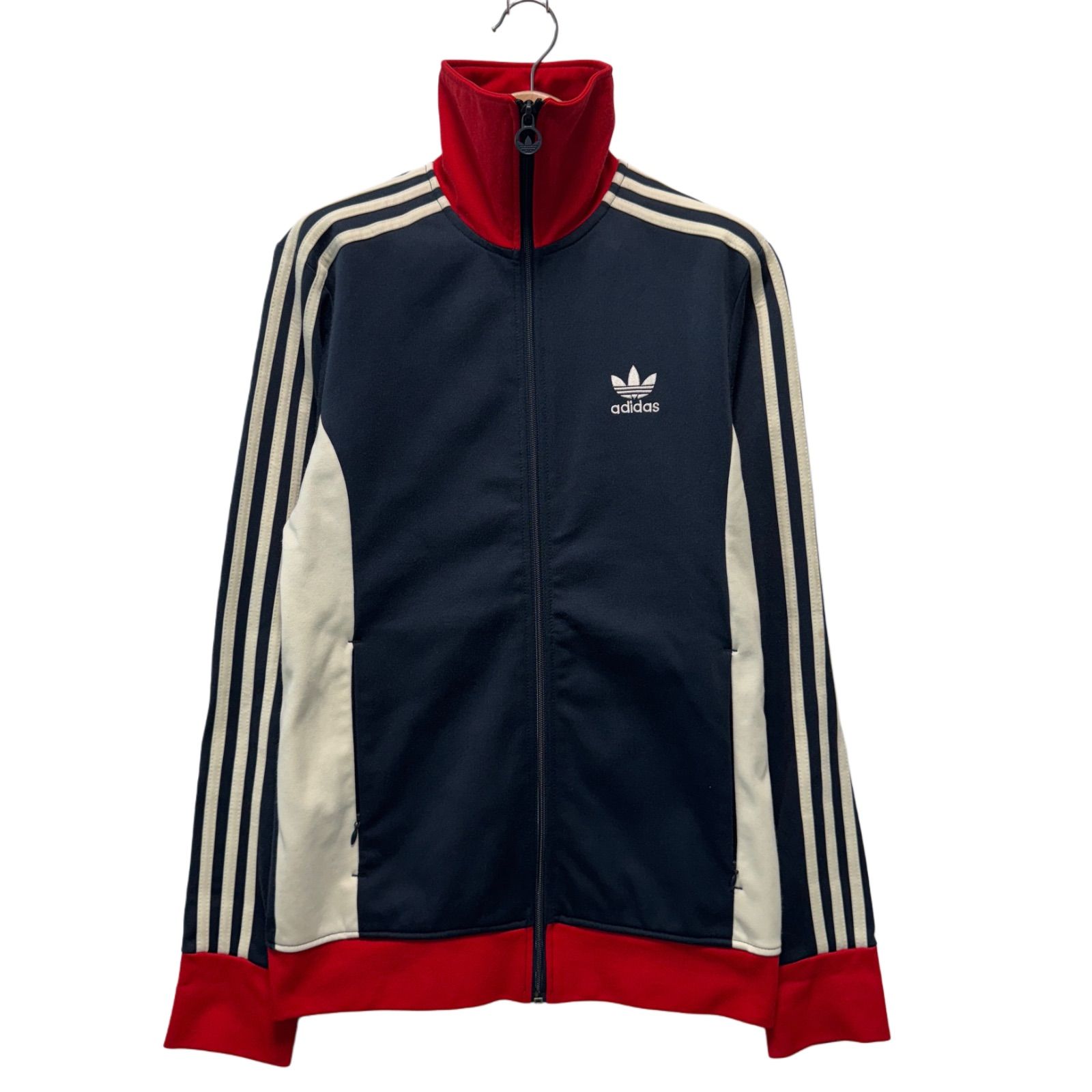 アディダス ベッケンバウアー M相当(表記95) トラックジャケット コットン混合 adidas ジャージ スポーツウェア トレフォイルマーク ロゴ刺繍 スリーストライプ ネイビー レッド 古着 J7020