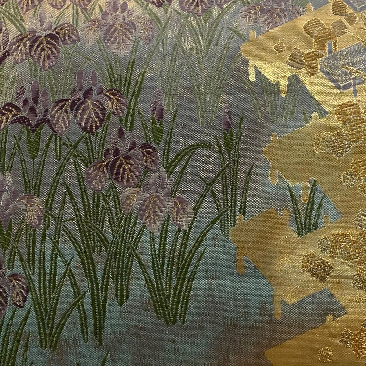 袋帯 秀品 菖蒲 八つ橋 金糸 箔 青灰色 六通 正絹