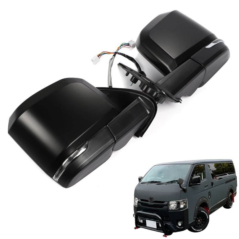 ハイエース 200系 6型ルック ドアミラー 電動格納 電動調整 ウィンカー付き カプラーオン 左右セット マットブラック 1型 2型 3型 4型 5型 6型 7型 8型