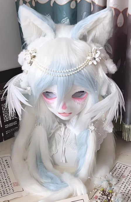 着ぐるみヘッド kigurumi NO.166 キツネ 水色 青 ファースーツ 全頭ヘッド ケモノ マスク ぬいぐるみ コスプレ コスチューム 一点物