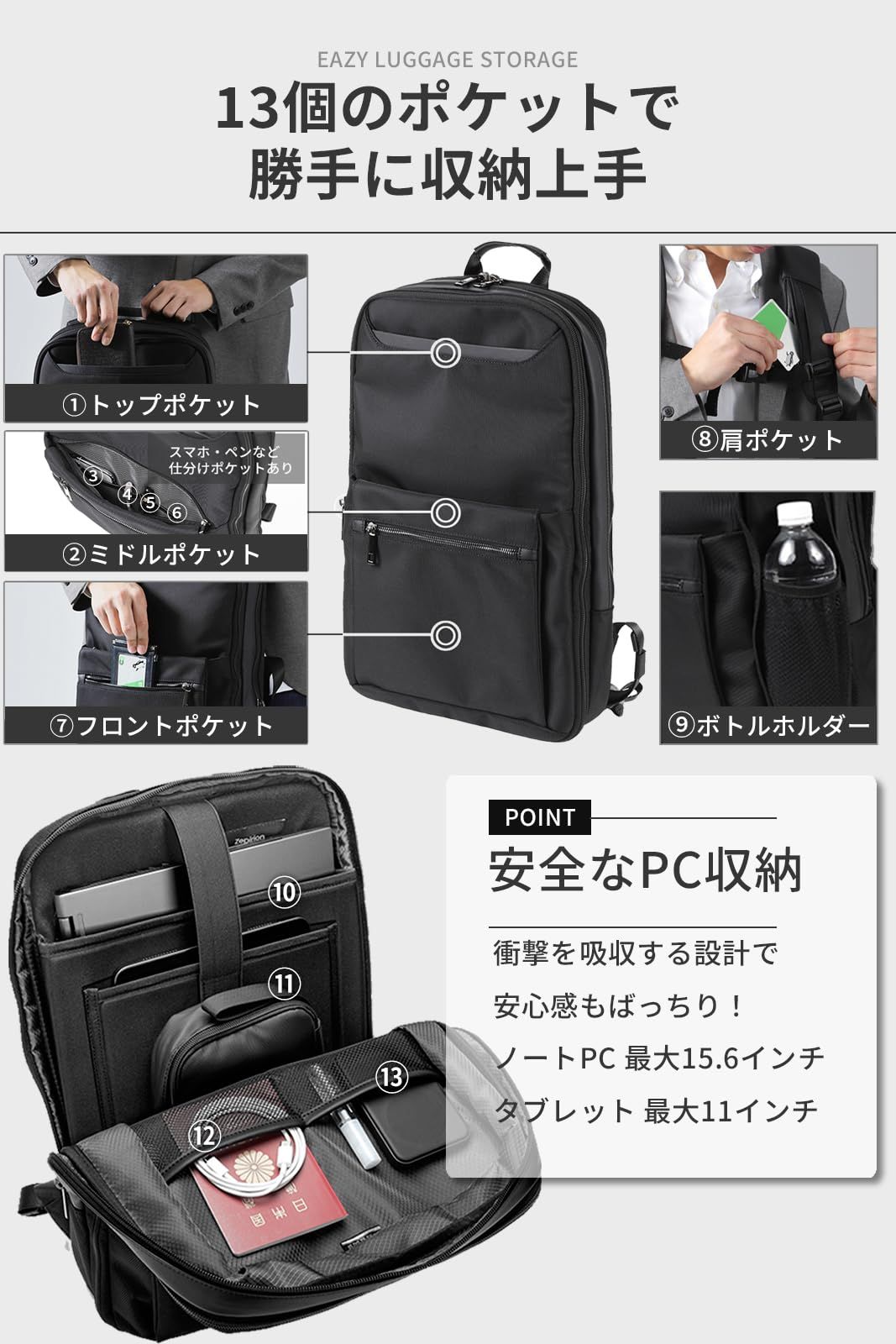 2倍に拡張できる薄型 ビジネスリュック