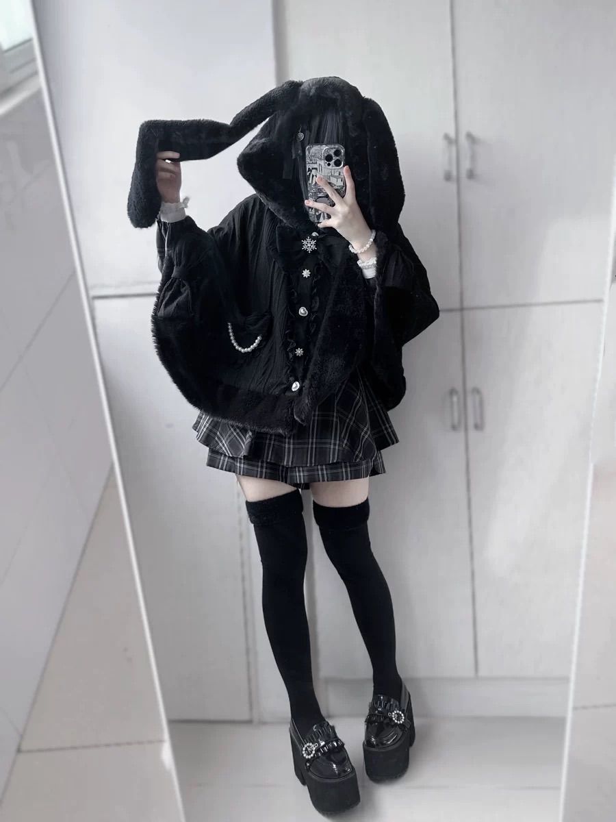 うさ耳フード ふわふわ リボン ポンチョ カーディガン 雪の結晶 サブカル 服 ロリィタ 長袖 地雷系 量産型 ゴスロリ 渋谷 原宿 病みかわいい 夢かわいい 推し活 トップス 長袖 秋 冬 シンプル