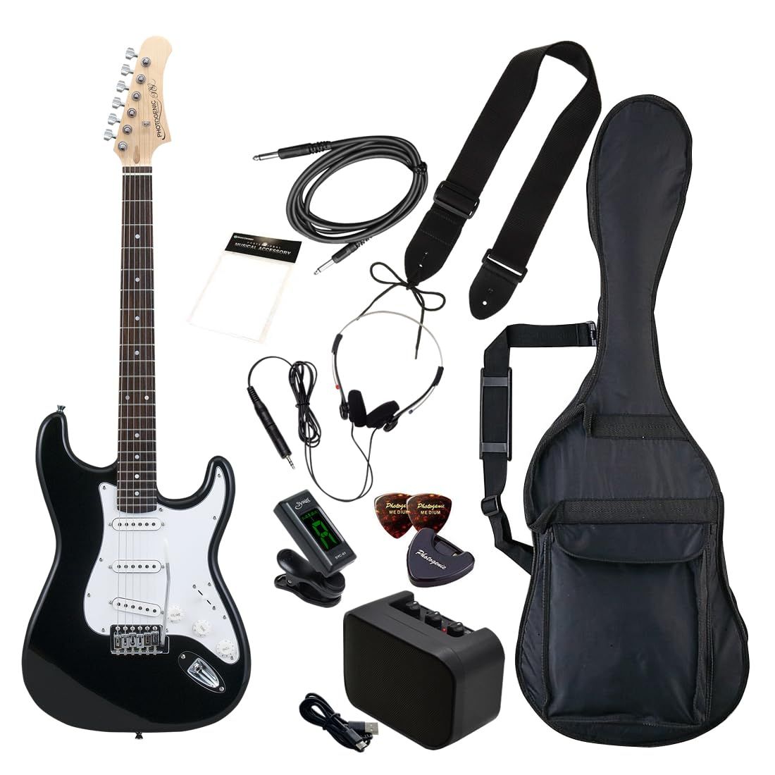 フォトジェニック Photogenic PhotoGenic エレキギター 入門 ビギナーセット STタイプ ST-180 BK ブラック ソフトケース シールド ミニアンプ チューナー ヘッドフォン ストラップ ピック ピックケース クロス