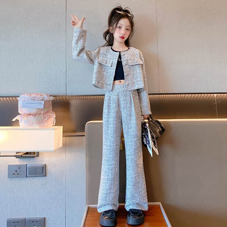 女の子 パンツスーツ 卒業式 スーツ フォーマルスーツ 入学式 子供服 ツイード ジャケット セットアップ 2点セット ノーカラー ガールズ 長袖ジャケット ロングズボン 結婚式 入園式 卒園式 お呼#song211