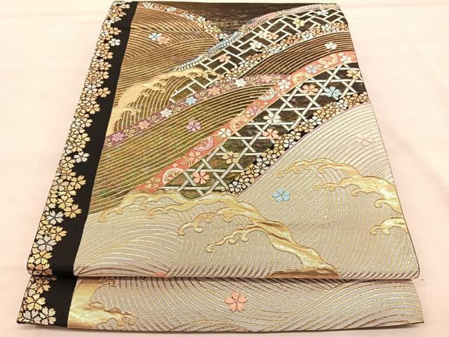 ヤフオク！ベストストア受賞店■平和屋着物■極上　六通柄袋帯　紬地　笹蔓文　黒地　さが美扱い　逸品　p1614 ヤフオク！ベストストア受賞店□平和屋着物□極上 六通柄袋帯 モール