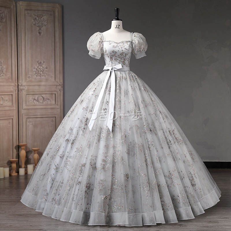 ドレス カクテルドレス ロングドレス 白 ホワイト パーティードレス パフスリーブ 半袖 結婚式 二次会 発表会 演奏会 ステージ イブニングドレス スパンコール刺繍 前撮り プリンセス風