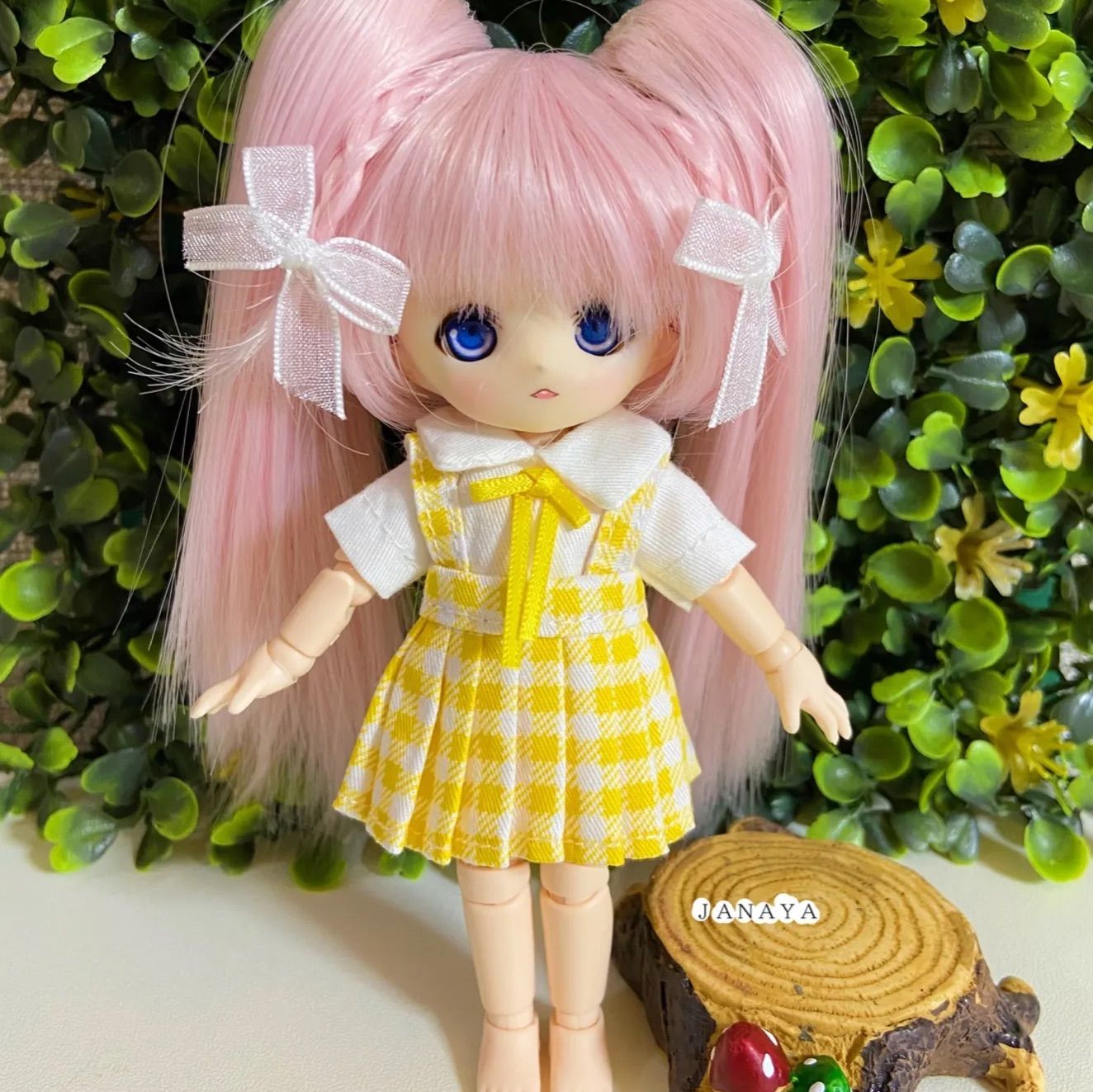 JANAYA ハンドメイドオビツ11 ob11服 サロペット 黄色格子スカート