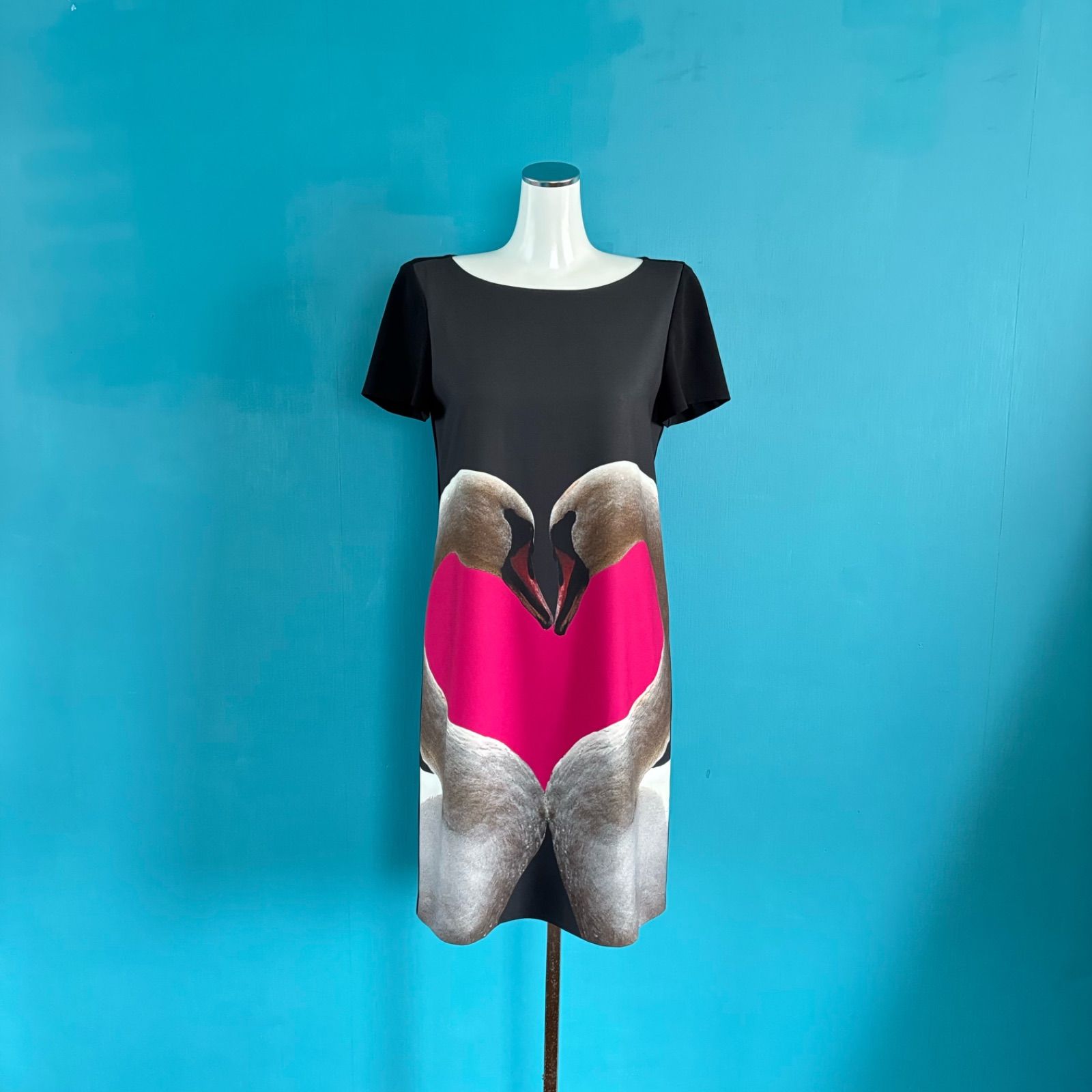 987 MOSCHINOモスキーノ ブラック スワン プリントワンピースフリーサイズ