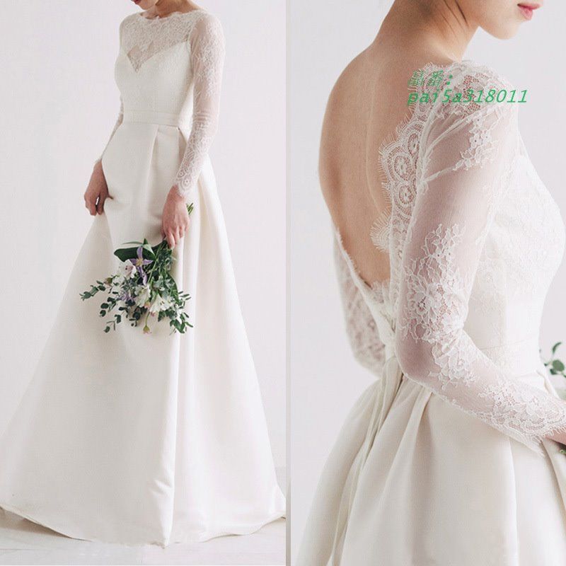 ウェディングドレス ロングドレス Aラインドレス サテン レース 長袖 ウエディングドレス 編み上げ 前撮り 結婚式 ブライダル 花嫁 バックレス 二次会 pai5a318011