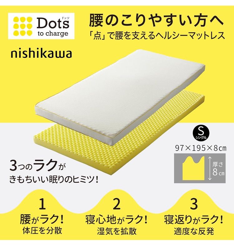 nishikawa 西川 睡眠ラボ ドッツ マットレス シングル 腰のこりやすい方向け ヘルシーマットレス 点で支える 体圧分散 エアーホール ムレを軽減 洗える側地 ホワイト HC02274405