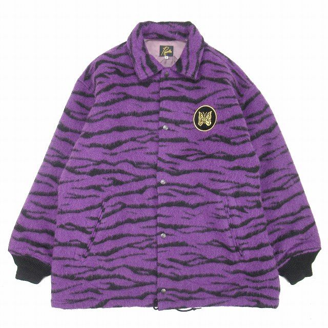 美品 22aw ニードルス ニードルズ Needles Coach Jacket Shaggy Jq./Tiger コーチジャケット ビッグシルエット  シャギー ジャガード タイガー アニマル柄 パピヨン ワッペン ワンポイント ブルゾン アウター M 紫 黒