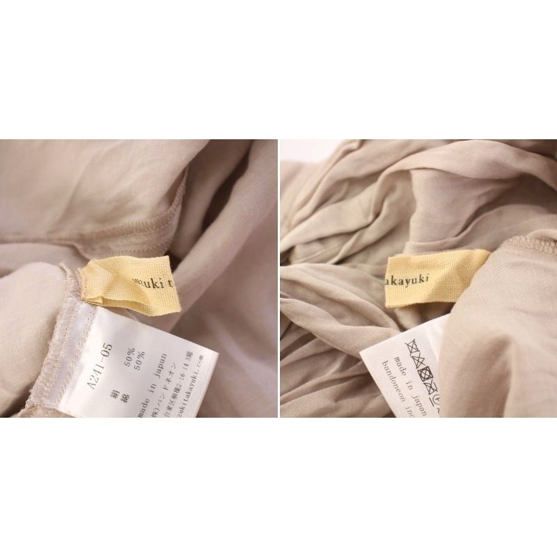 美品 イクナ スズキタカユキ リネン バンドカラー フリルスリーブ ベージュ 1 スズキ タカユキ suzuki takayuki puff-sleeve blouse
