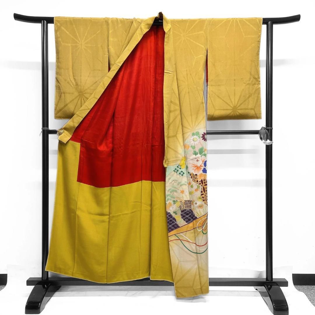 アンティーク 付け下げ 刺繍 花模様 扇 水引 麻の葉地紋 着物 014a d  