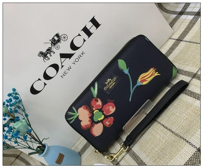 コーチ 長財布 COACH 財布 ネイビー系マルチ PVC フローラル プリント ...