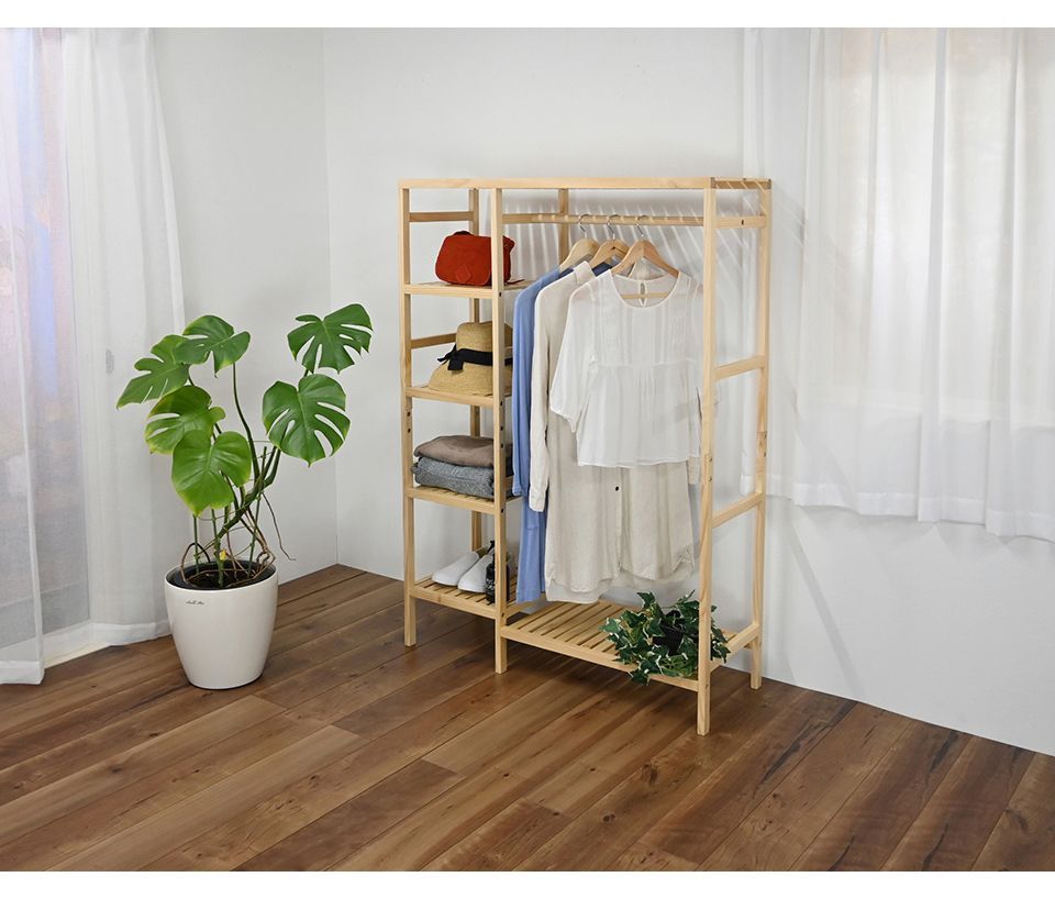 AFC1044094 ハンガーラック 天然木 ハンガー 幅96.5cm 棚付き 大容量