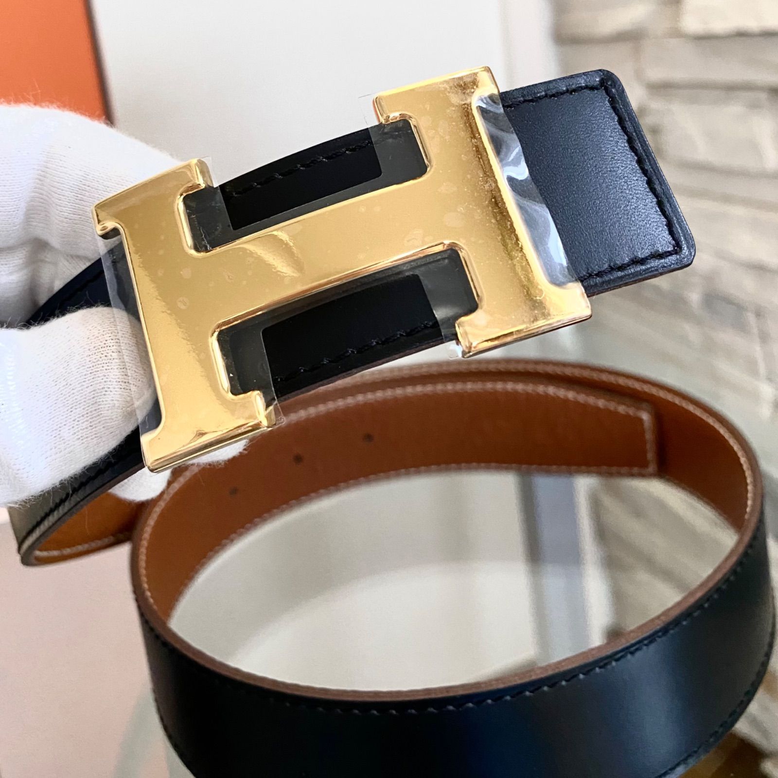 【新品・未使用】HERMES エルメス Hバックルベルト　黒×ベージュ