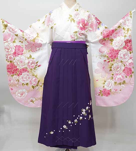 二尺袖 着物 袴フルセット ジュニア用へ直し 135cm～150cm From KYOTO 白地 袴変更可能 卒業式 NO41462-02