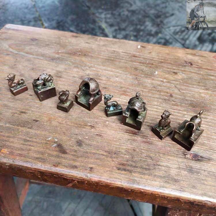 銅製 四大神獣 青龍白虎朱雀玄武章 子母印章 四角章 書道具 文房具