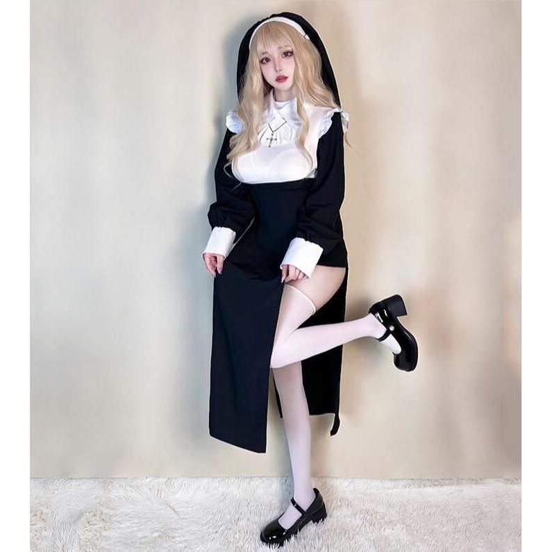 ハロウィンコスプレ衣装 レディース 黒系長袖ドレス シスター服 吸血鬼 ナース服 悪魔 妖精 精霊 ゴースト 巫女 仮装コスチューム 女性 暗黒 ゴスロリ ゴシッ