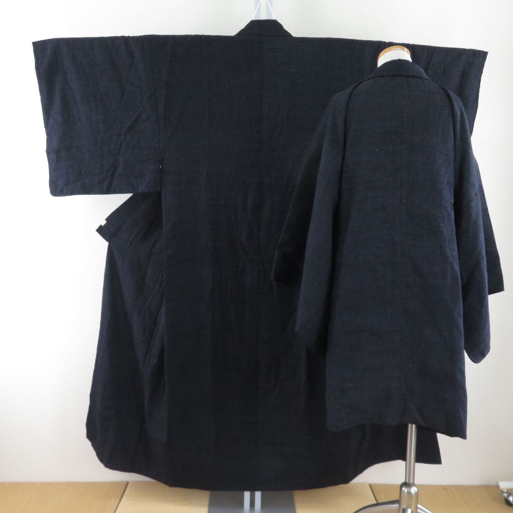 男着物 紬 アンサンブル 袷 黒青色 正絹 男性用きもの メンズ 仕立て上がり 和服 男物 カジュアル 身丈147cm