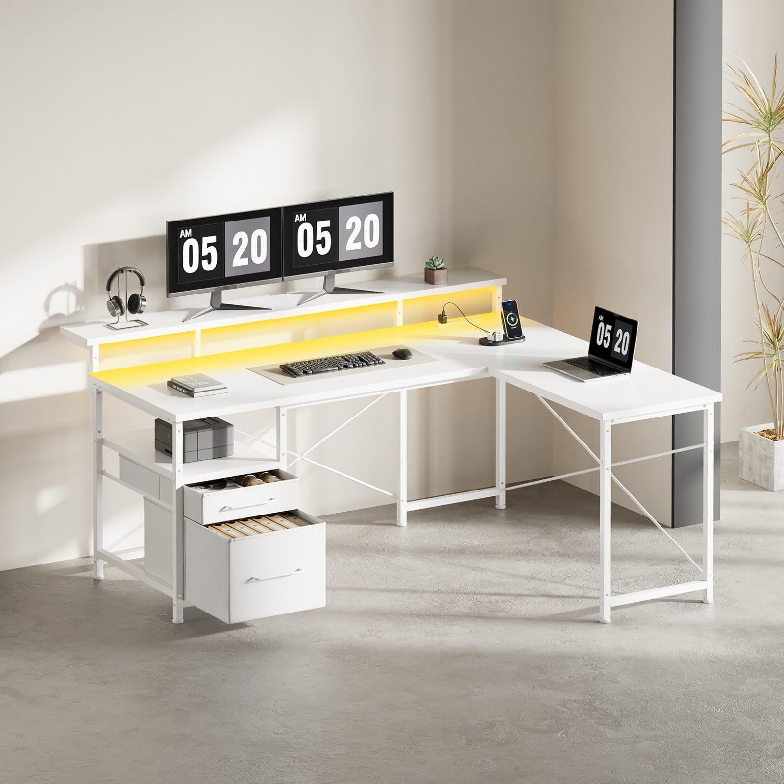 白い L字型 デスクトップラック調節 コーナーデスク 幅155 110cm パソコンデスク ゲーミングデスク LEDライト付き l字デスク Maihail MARWIL-DEMENAGEMENTS_CH