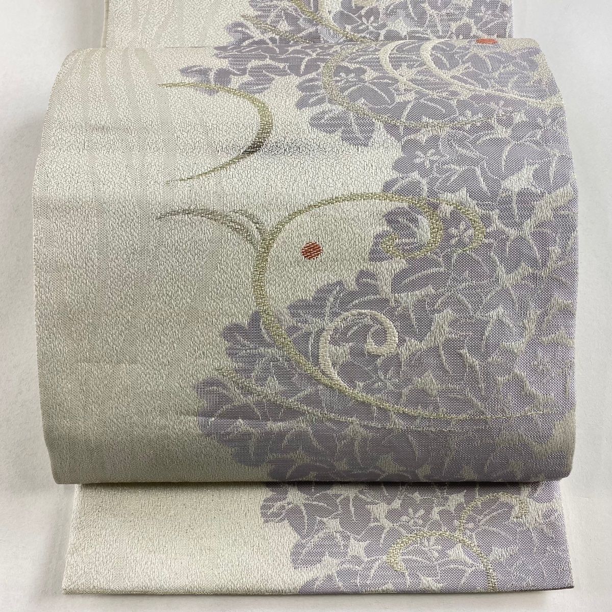 袋帯 秀品 関西仕立て 夏帯 紗 唐草 蔦 金糸 箔 灰色 六通 正絹