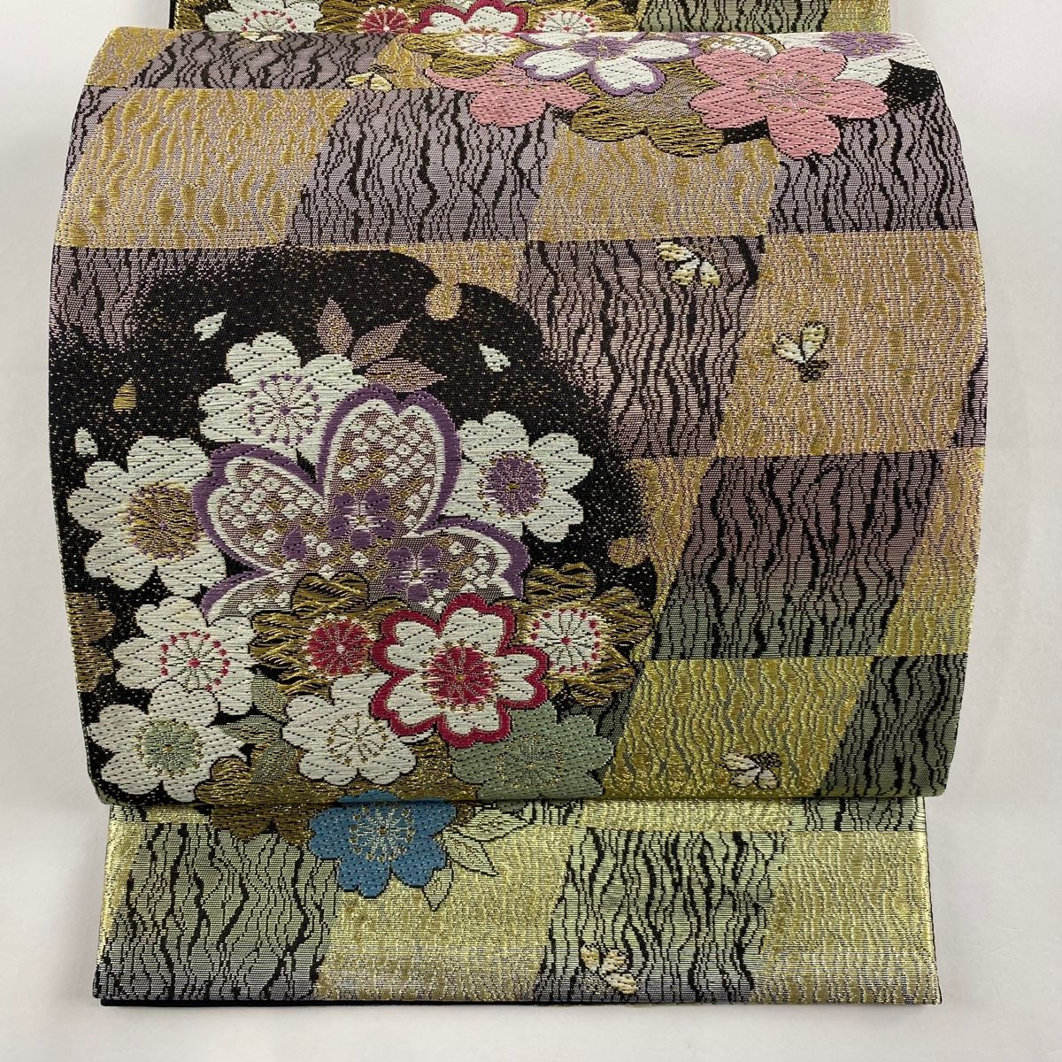 袋帯 秀品 雪輪 草花 金糸 箔 金色 六通 正絹