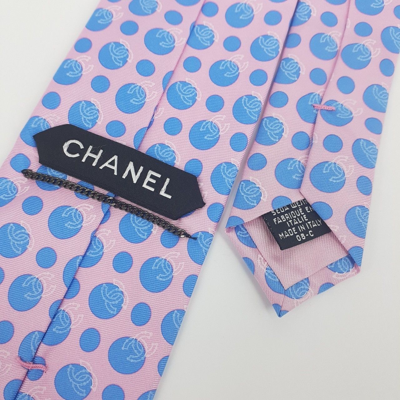 【美品】シャネル ネクタイ ネイビー ピンク ドット ココマーク チェーン 高級 新品】CHANEL（シャネル）ネクタイ ドット ココマーク ピンク