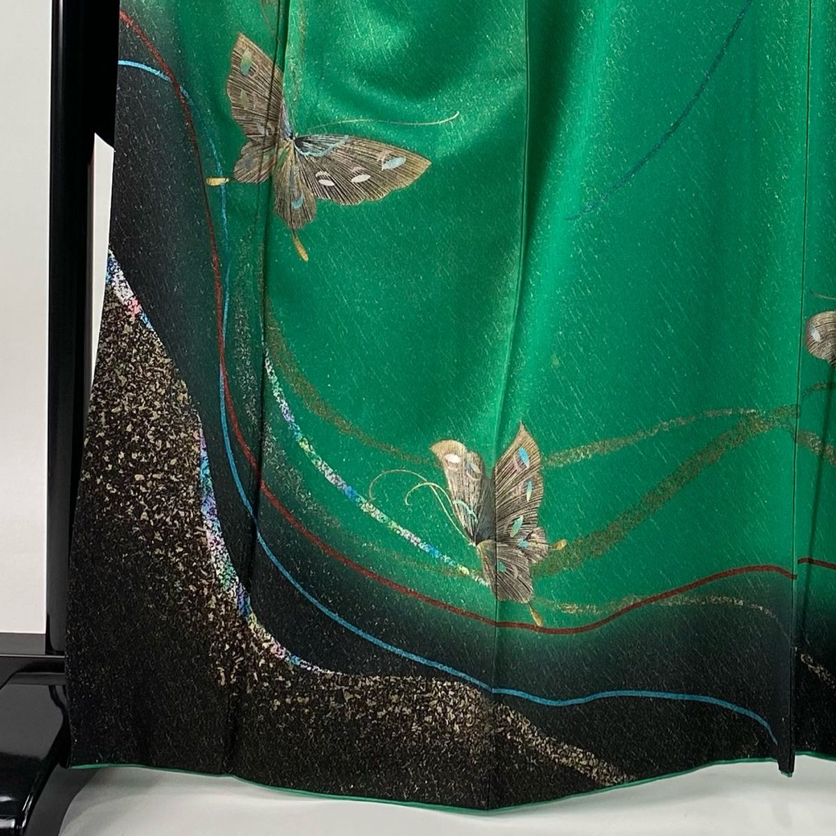 振袖 身丈166.5cm 裄丈69cm L 袷 森英恵 落款 蝶 金通し 金彩 緑 正絹