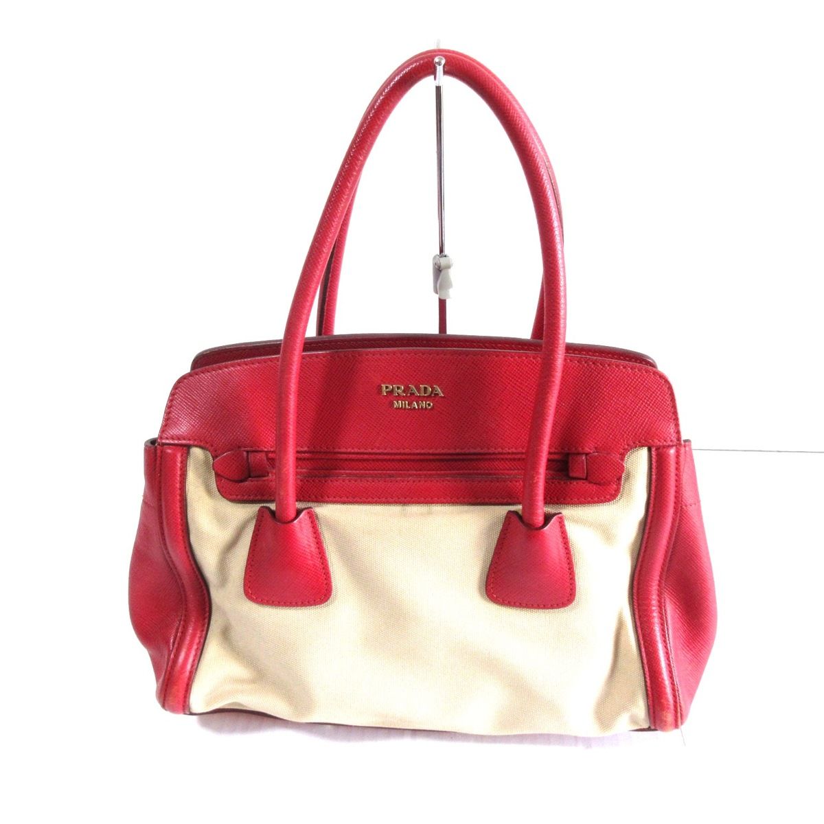 PRADA(プラダ) トートバッグ - BN2595 レッド×ベージュ 革タグ レザー×キャンバス - メルカリ