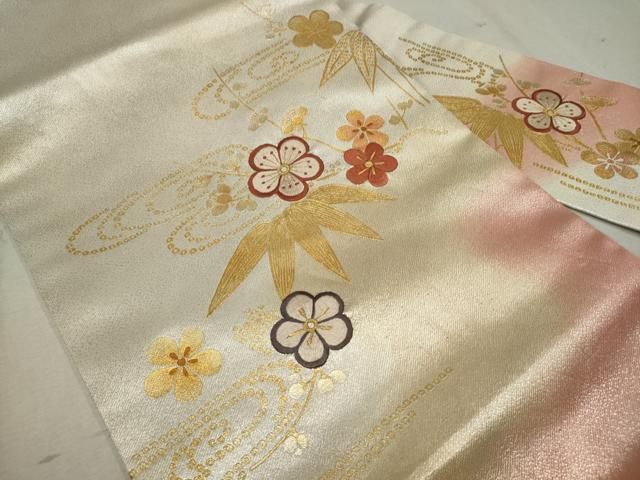 平和屋着物◎九寸名古屋帯 刺繍 流水笹梅文 金銀彩 正絹 平和屋着物◎九寸名古屋帯 刺繍 流水笹梅文 金銀彩 正絹