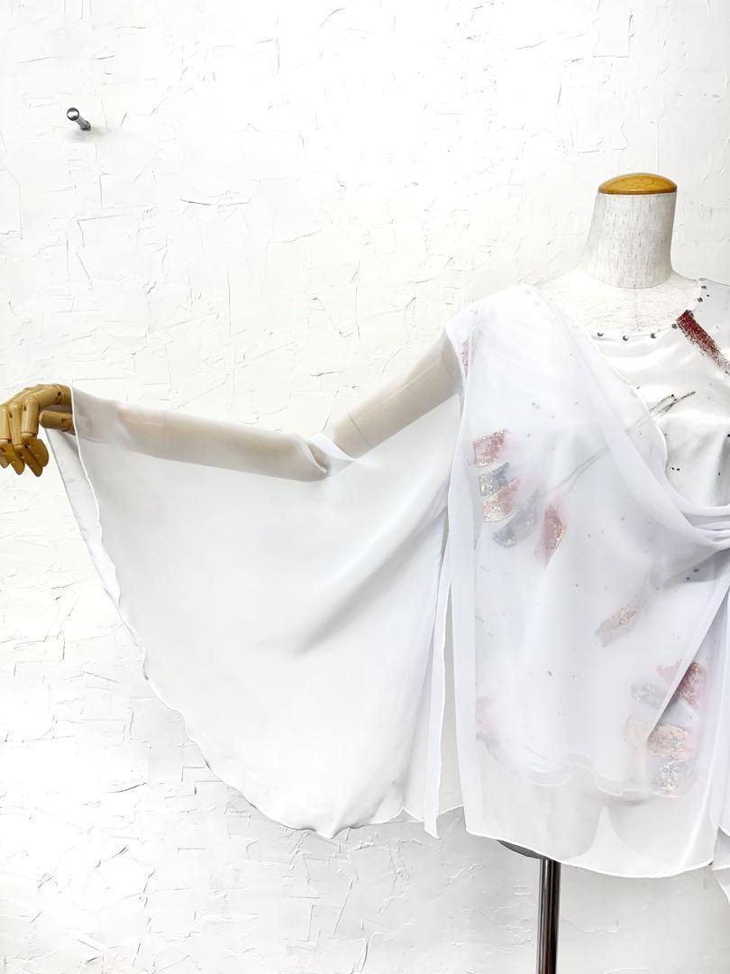 優雅】新品 社交ダンス ステージ衣装 白 袖フレアーカットソーd066