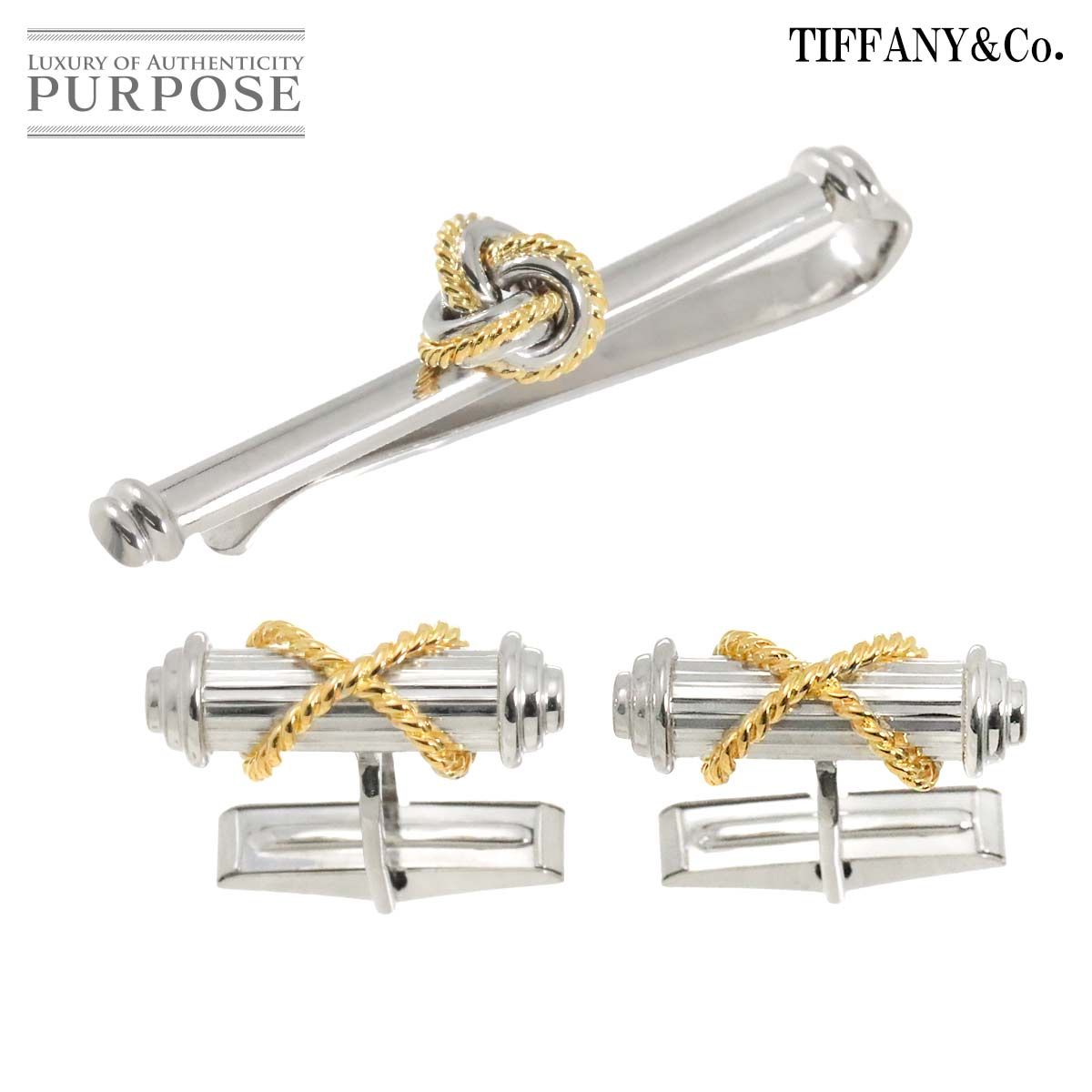 ティファニー TIFFANY-CO. カフス タイピン SV シルバー K18 YG イエローゴールド 750 2点セット Cuff Links Tie Bar 90256669