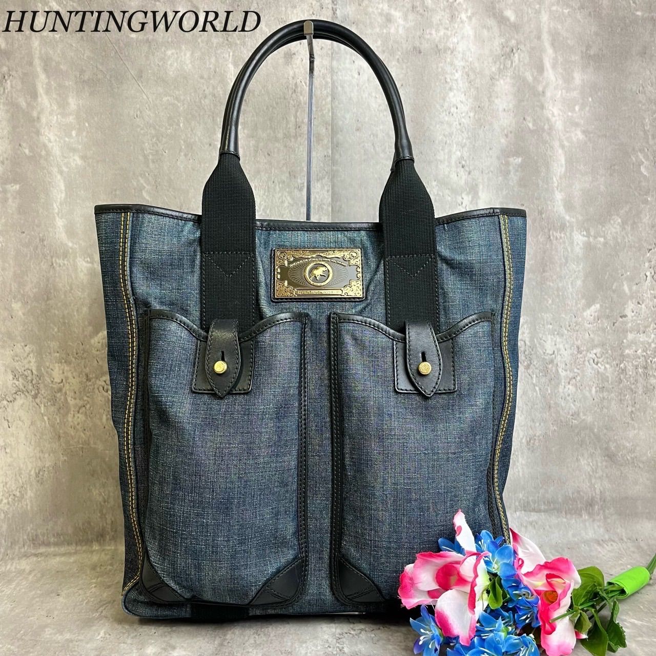 ✨良品✨ HUNTING WORLD ハンティングワールド トートバッグ ハンドバッグ ロゴ型押し A4収納 ゴールド金具 デニムレザー レディース ネイビー 紺色 ブラック 黒色