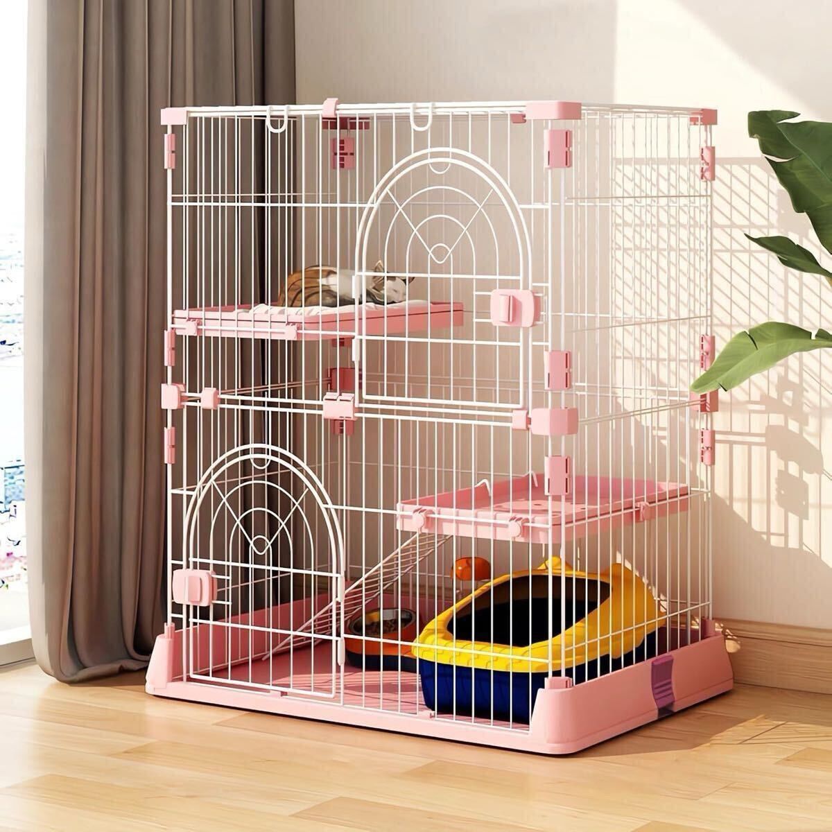 大型猫まで 対応 組み立て簡単 キャットケージ 2段タイプ 10kg ピンク 大特価】猫ケージ キャットケージ 2段 スリム 大型猫用 幅76