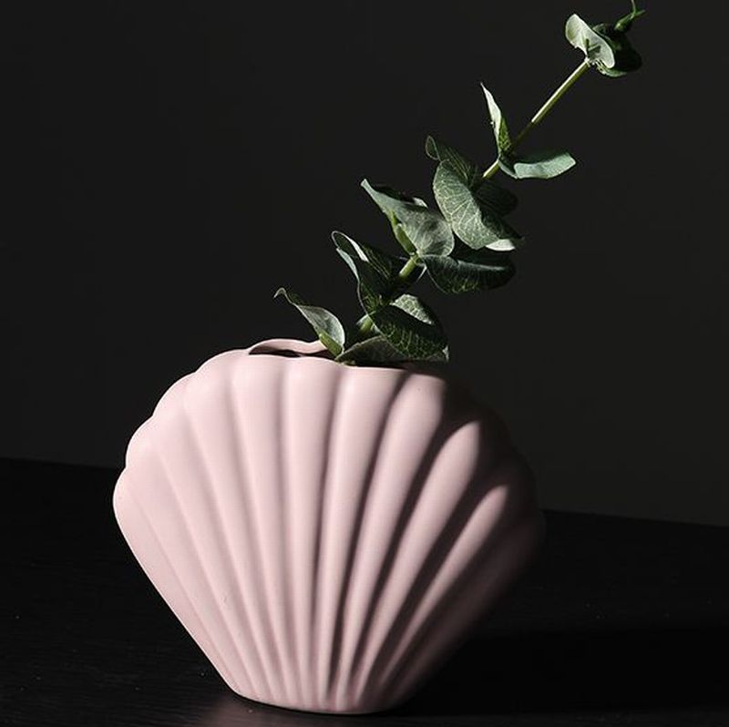 訳あり フラワーベース 花瓶 シェルデザイン マットカラー シンプル 陶器製 (パープル×Sサイズ)