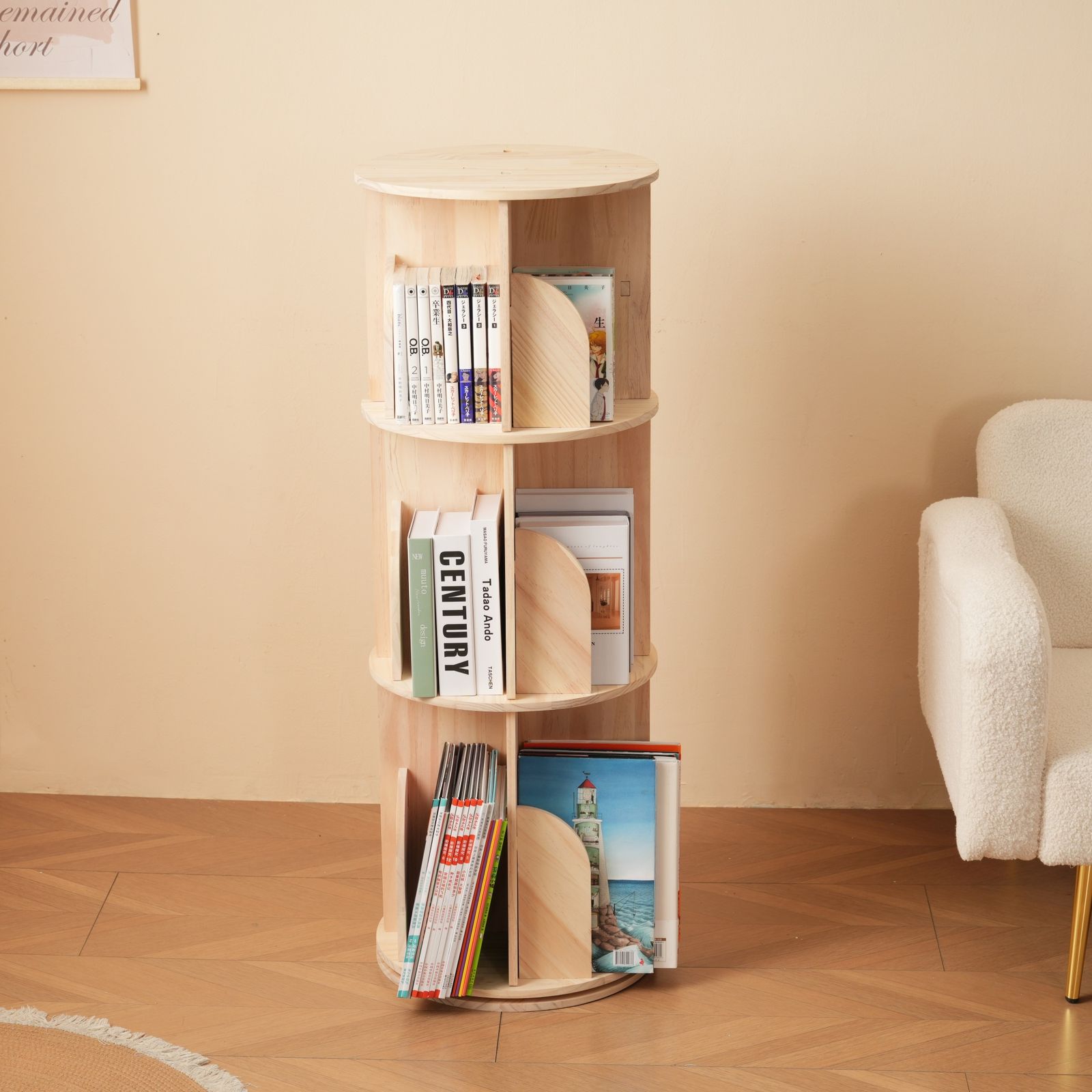 3段-回転盤-マルチ高さ】無垢材 回転式本棚 飾り棚 絵本棚 360°回転
