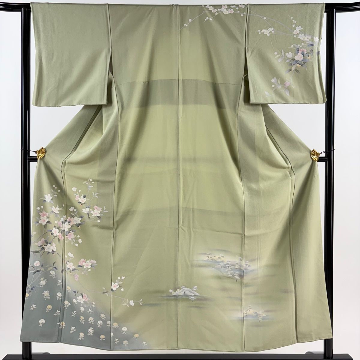 訪問着 身丈154cm 裄丈62cm S 袷 桜 草花 ぼかし 抹茶色 正絹 秀品