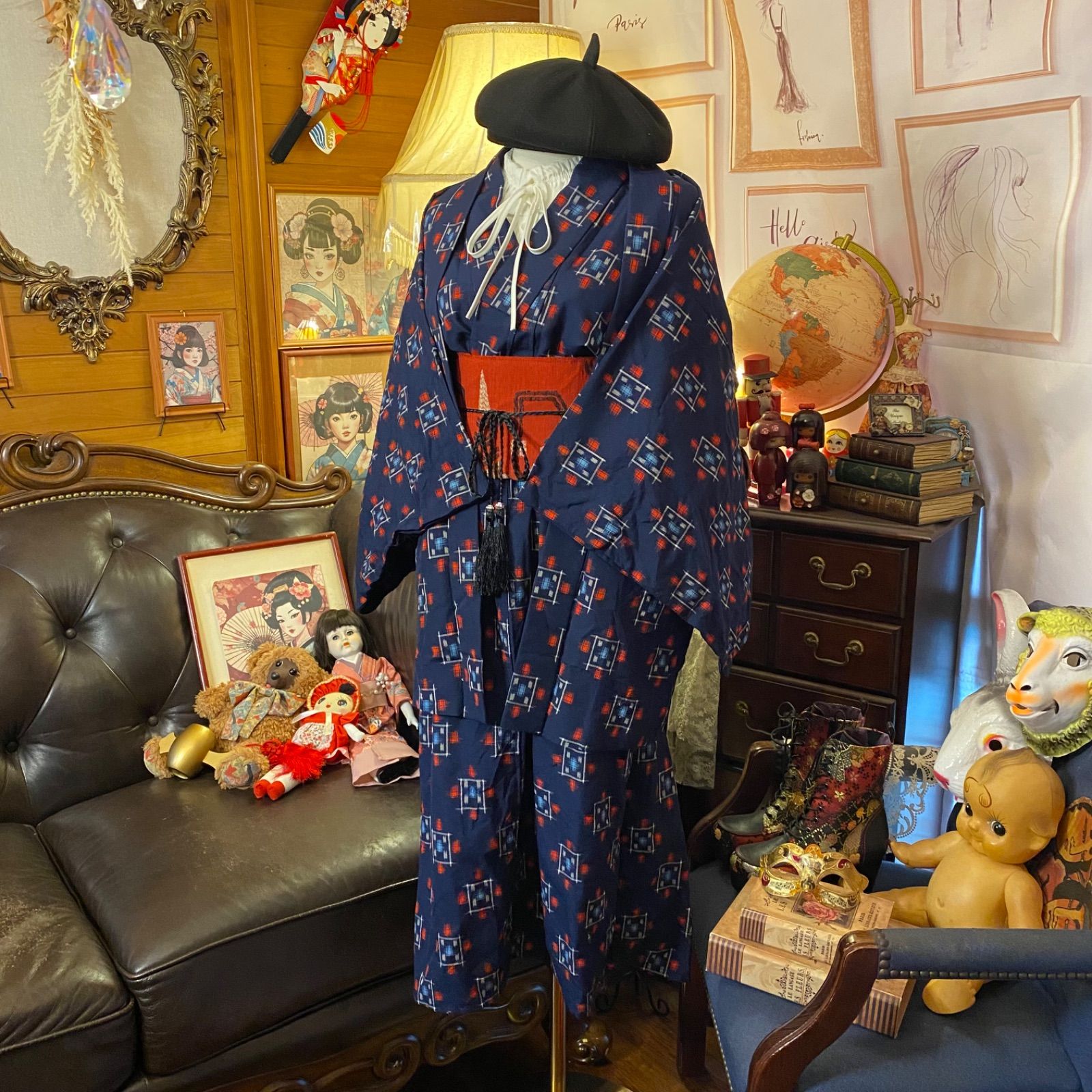 着物リメイクワンピース3644 リメイク着物ワンピース セミロング アンサンブル 名古屋帯サッシュ